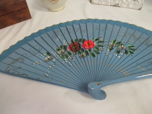 Lenox Porcelain Bud Vase, Pottery Photo Frame, Handpainted Hand Fan and Burlwood Box - 2