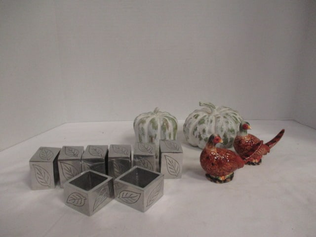 Set of 8 Cast Aluminum Napkin Rings with Leaf Motif, Pheasant Shakers and: Two White Washed Pottery Pumpkins