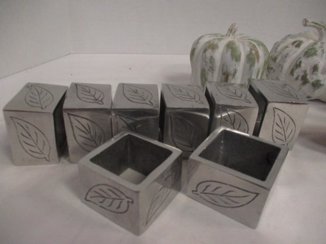 Set of 8 Cast Aluminum Napkin Rings with Leaf Motif, Pheasant Shakers and - 2