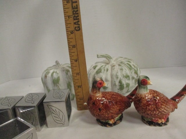 Set of 8 Cast Aluminum Napkin Rings with Leaf Motif, Pheasant Shakers and - 6