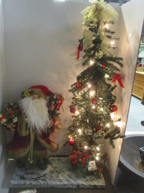 Porcelain Face Old World Santa and Lighted Christmas Tree Mounted to Wood Base (1 of 7)