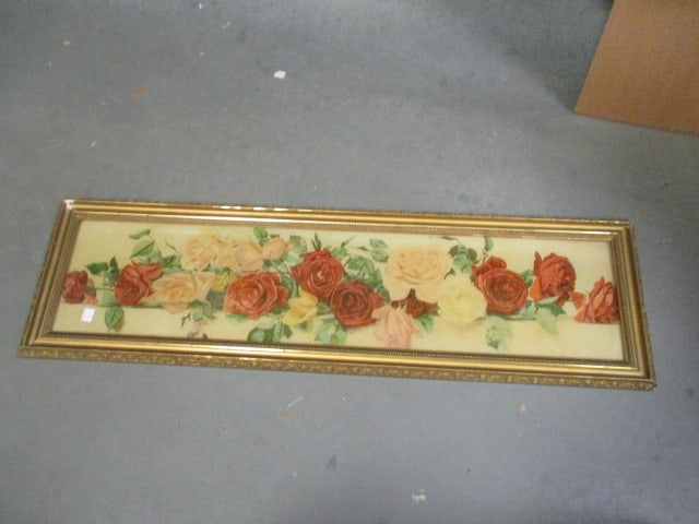 Framed Vintage Rose Garland Lithograph Print: 36 1/2" x 10 3/4", Local Pickup Only