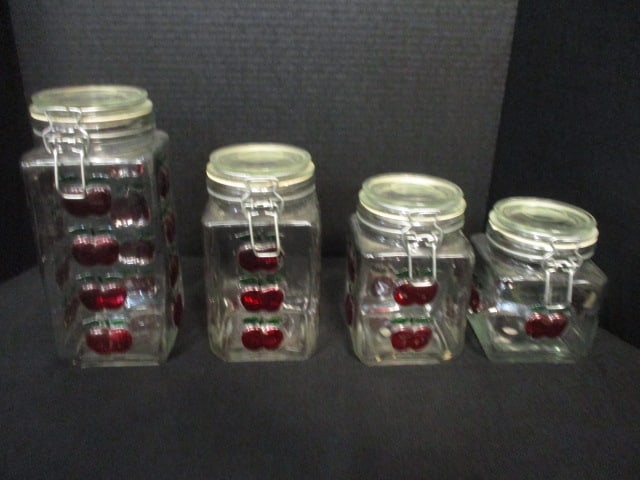 4 Piece Glass Lock Lid Canister Set with Raised Cherry Design: .