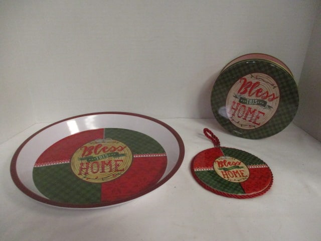 MSI Holiday "Bless this Home" Cookie Tin, Trivet and Melamine Serving Tray: .