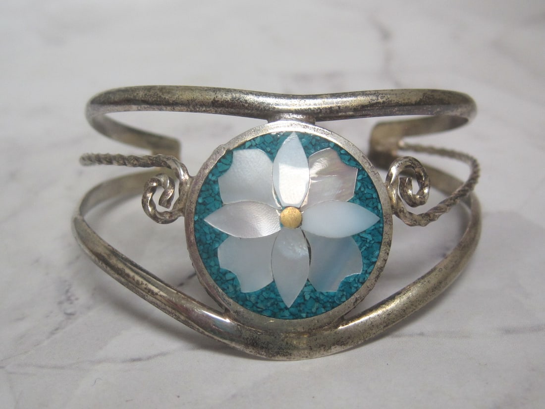 Alpaca Mexico Cuff Bracelet with Inlaid Turquoise & Mother of Pearl: .