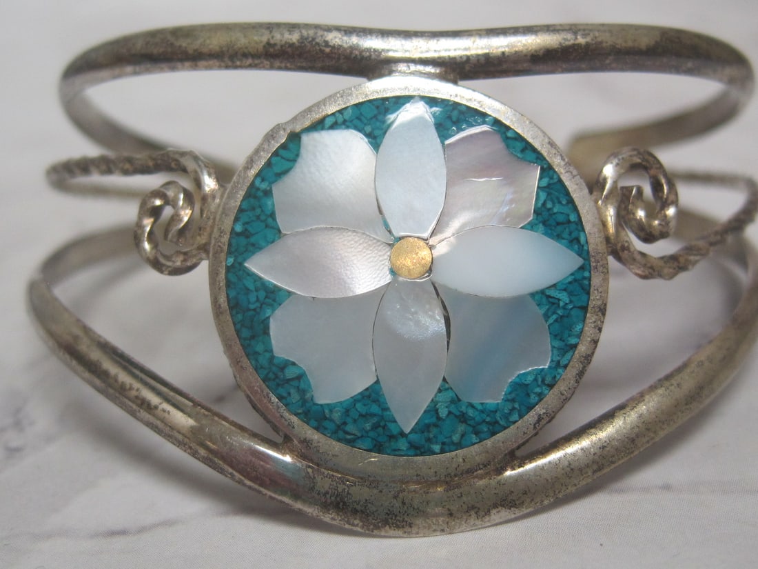 Alpaca Mexico Cuff Bracelet with Inlaid Turquoise & Mother of Pearl - 2