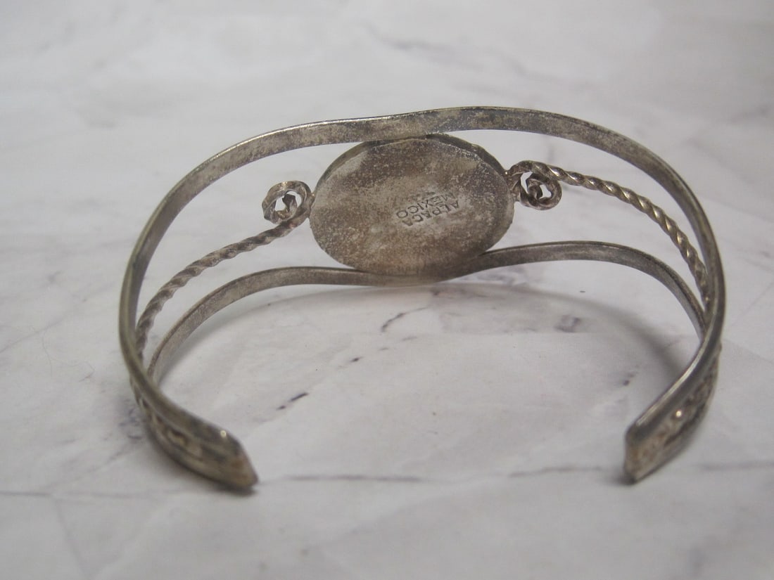 Alpaca Mexico Cuff Bracelet with Inlaid Turquoise & Mother of Pearl - 3
