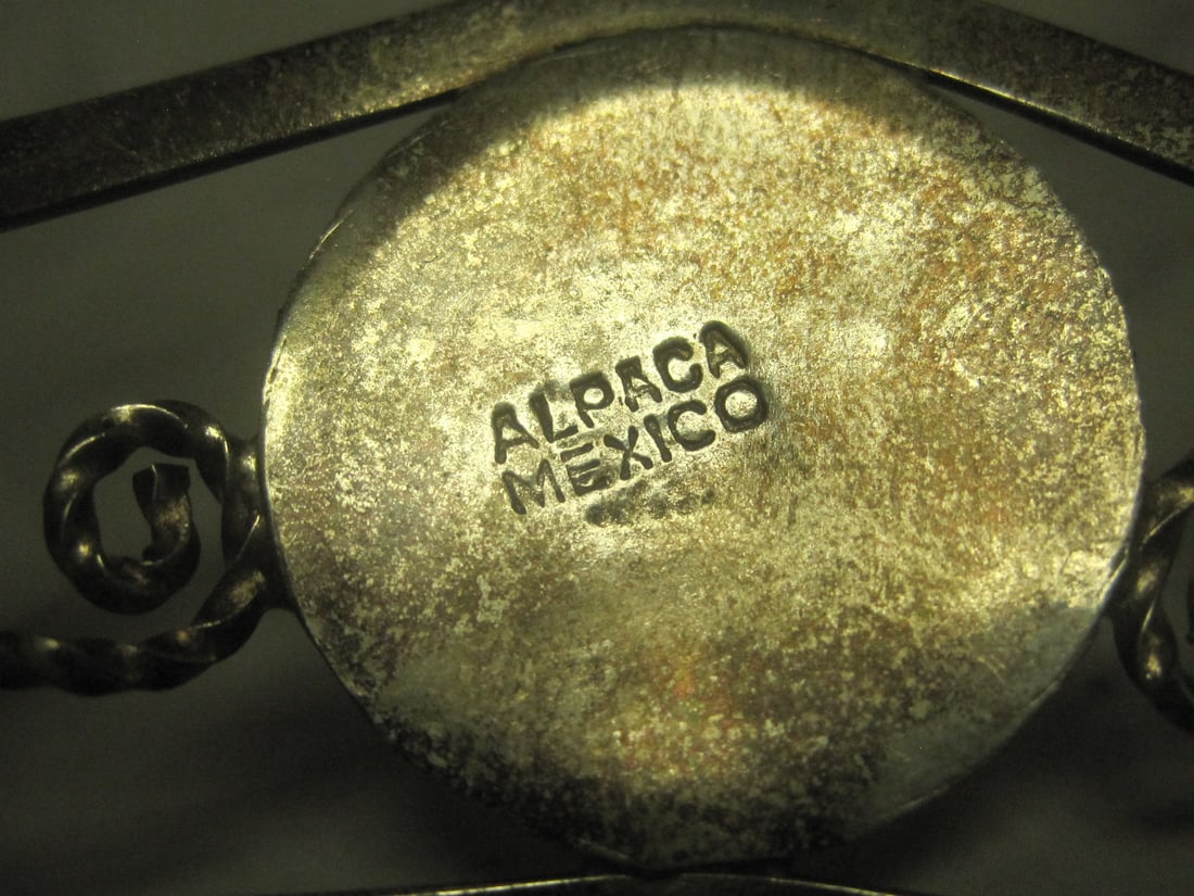 Alpaca Mexico Cuff Bracelet with Inlaid Turquoise & Mother of Pearl - 4