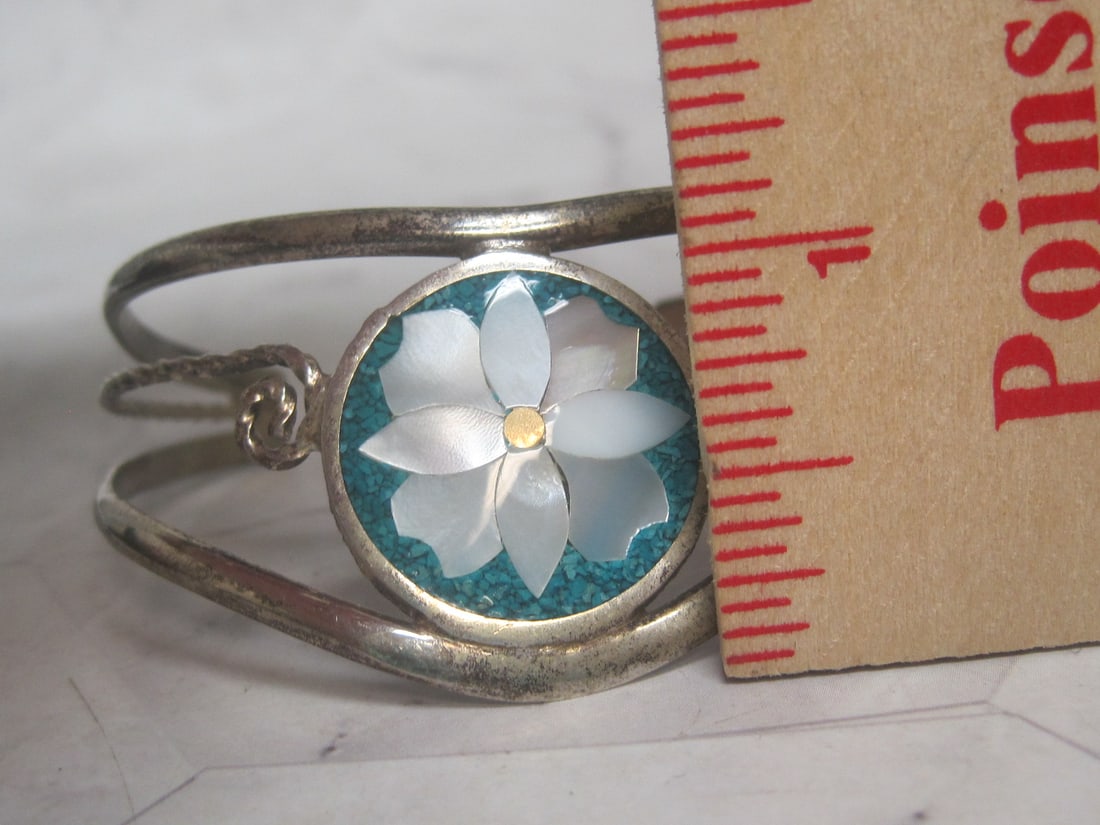 Alpaca Mexico Cuff Bracelet with Inlaid Turquoise & Mother of Pearl - 5