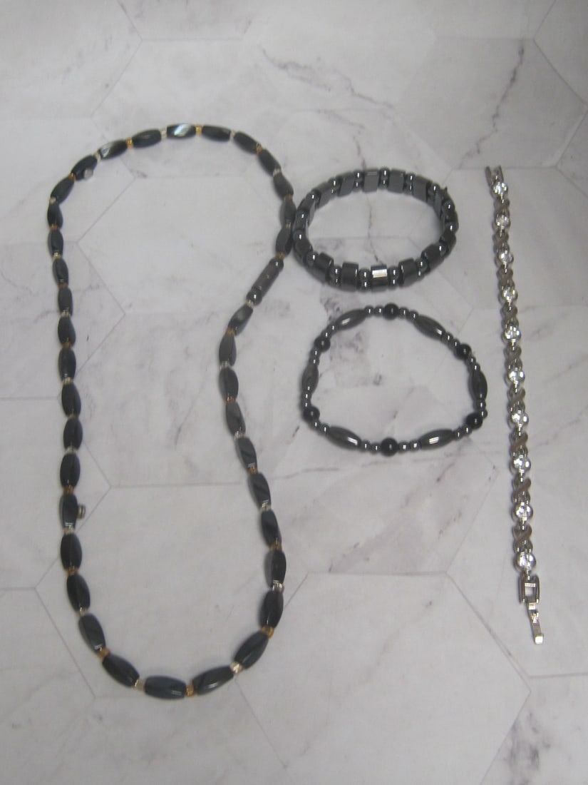 Magnetic Necklace, 2 Magnetic Bracelets, & Silvertone Bracelet: .