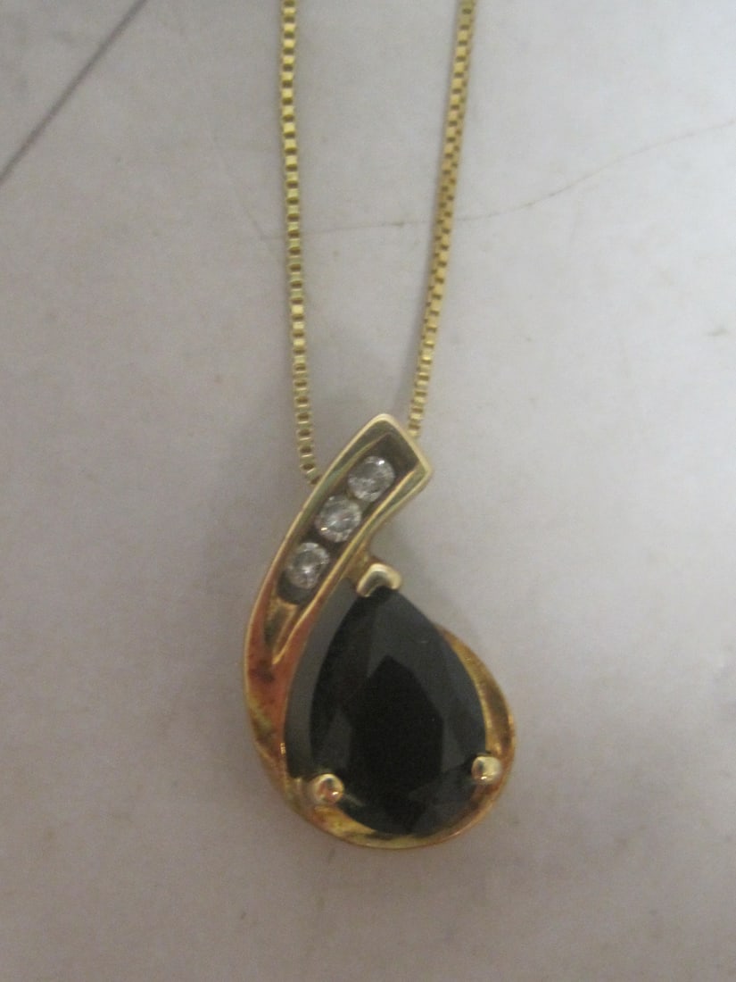 10k Gold Garnet & Diamond Pendant on 16" 10k Gold Chain: Weighs 2.3 grams