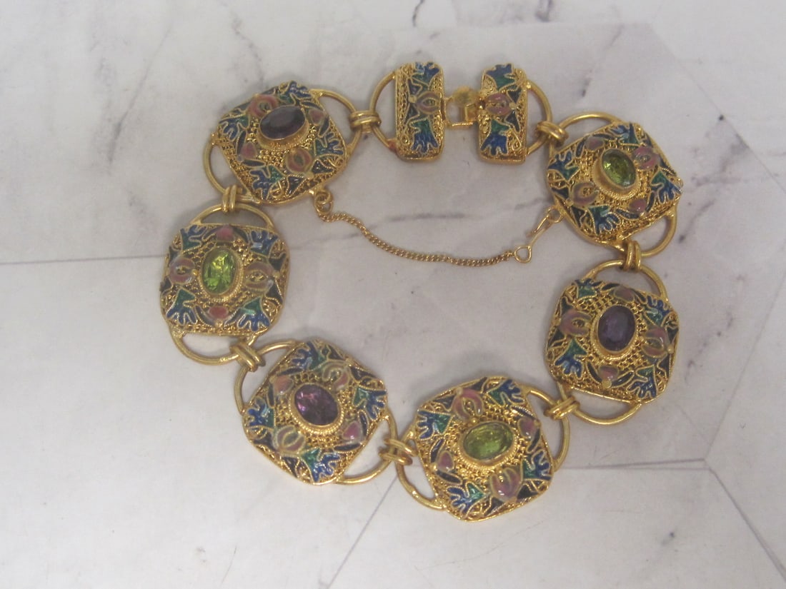 8" Sterling Silver Vermeil Filigree Bracelet with Amethyst & Peridot Stones with Intricate Enamel...: Weighs 21.9 grams