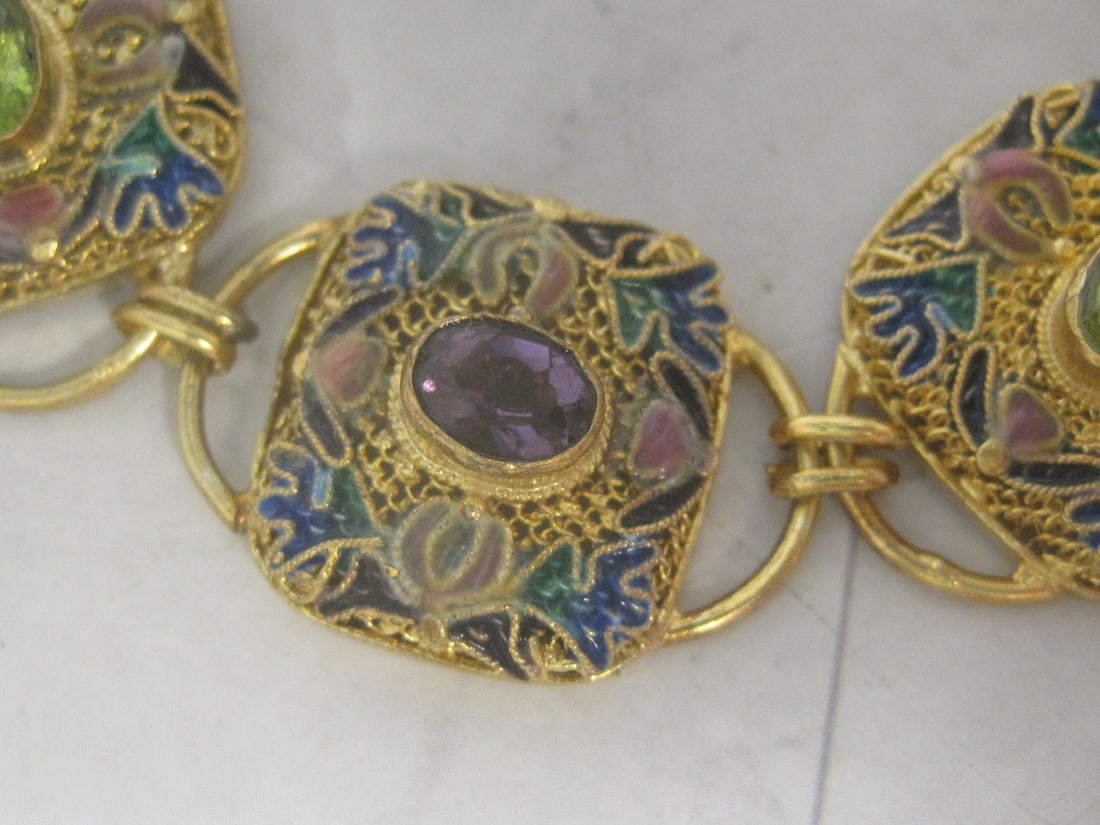 8" Sterling Silver Vermeil Filigree Bracelet with Amethyst & Peridot Stones with Intricate Enamel... - 2