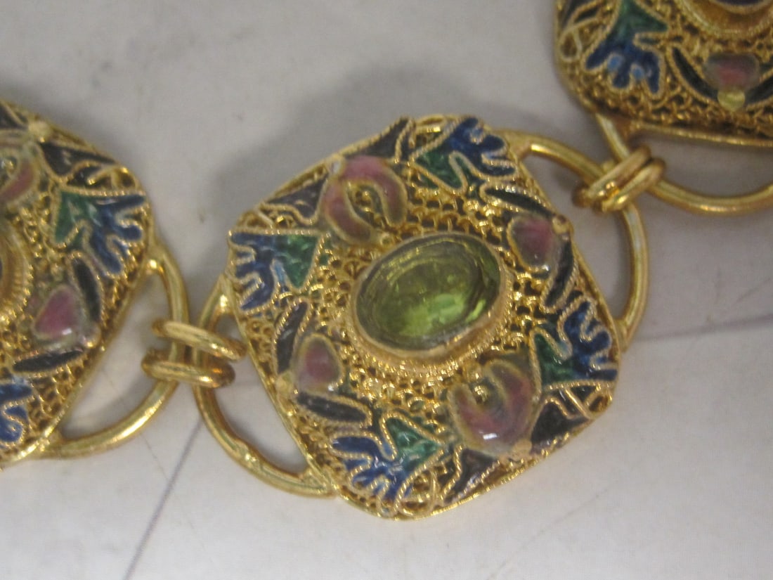 8" Sterling Silver Vermeil Filigree Bracelet with Amethyst & Peridot Stones with Intricate Enamel... - 3