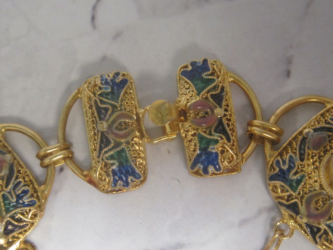 8" Sterling Silver Vermeil Filigree Bracelet with Amethyst & Peridot Stones with Intricate Enamel... - 4