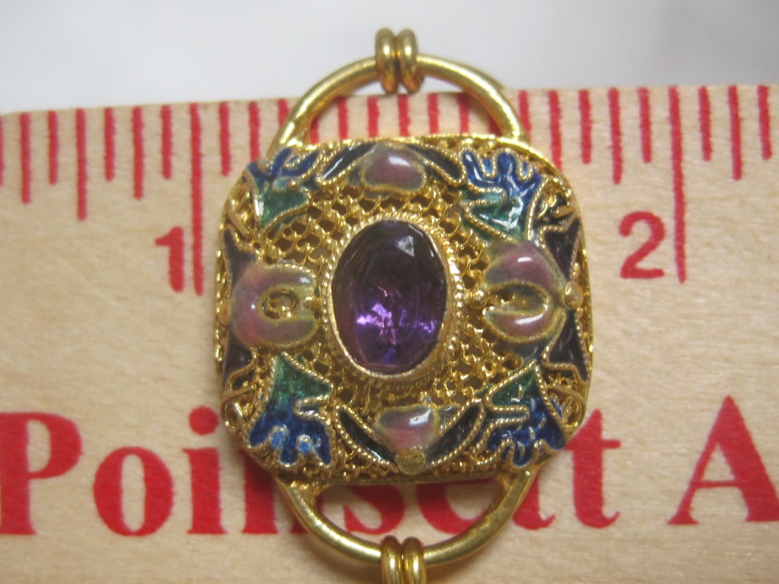 8" Sterling Silver Vermeil Filigree Bracelet with Amethyst & Peridot Stones with Intricate Enamel... - 6