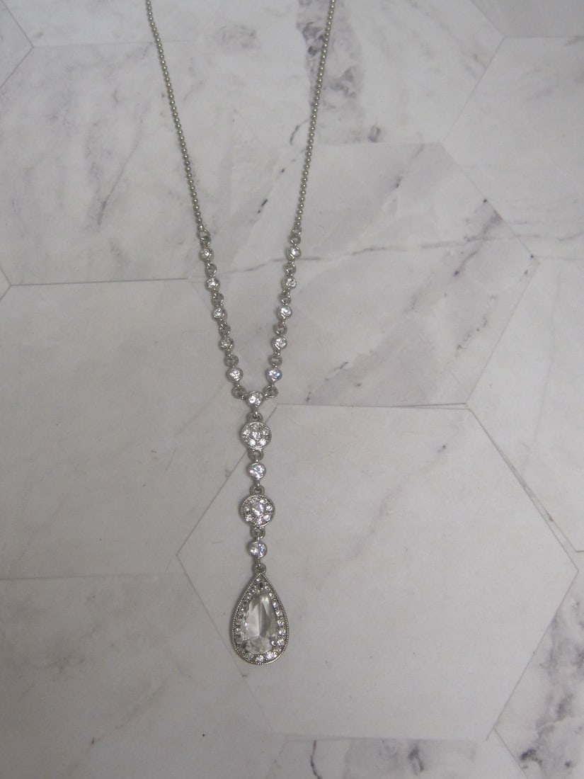 Vintage Monet Silvertone Crystal "Y" Necklace: .