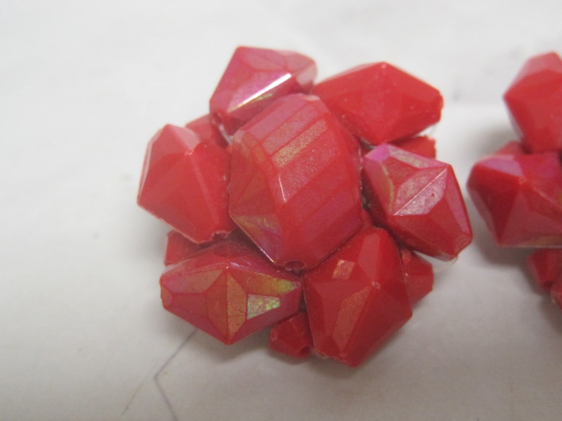 Vintage West Germany Red Beaded Clip Earrings - 2