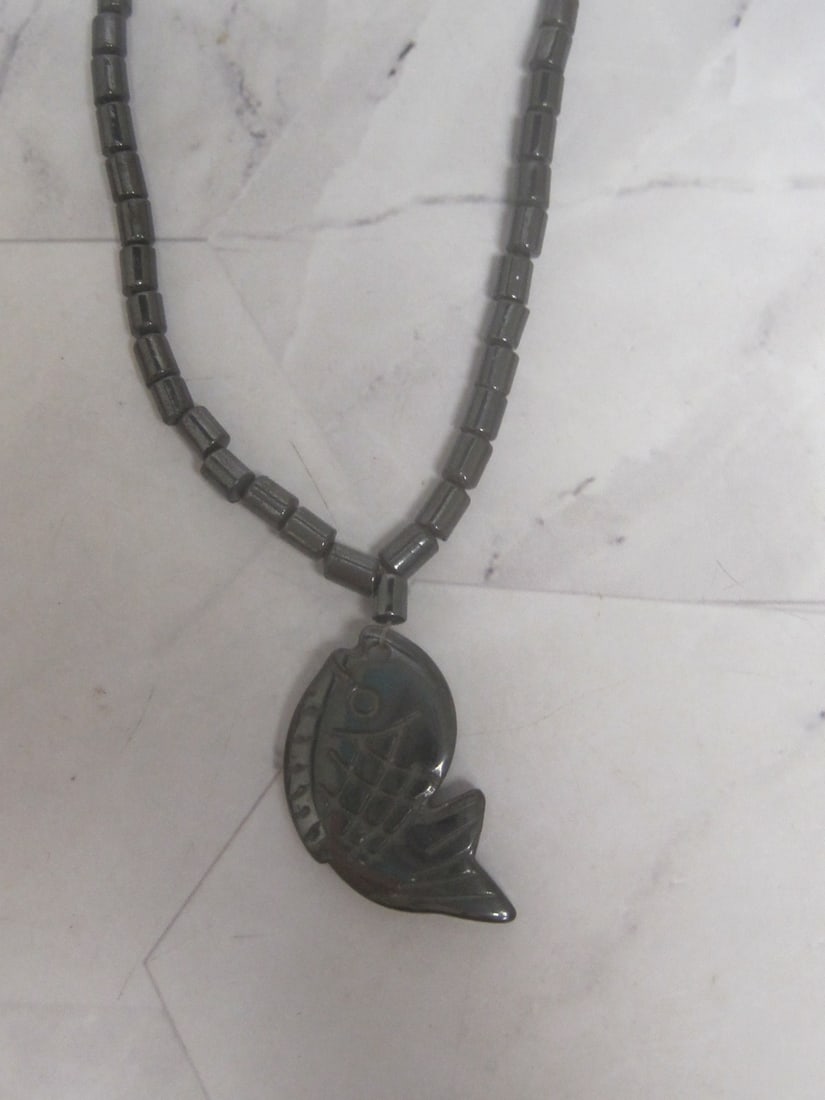 16" Hematite Bead Necklace with Hematite Fish Pendant: .