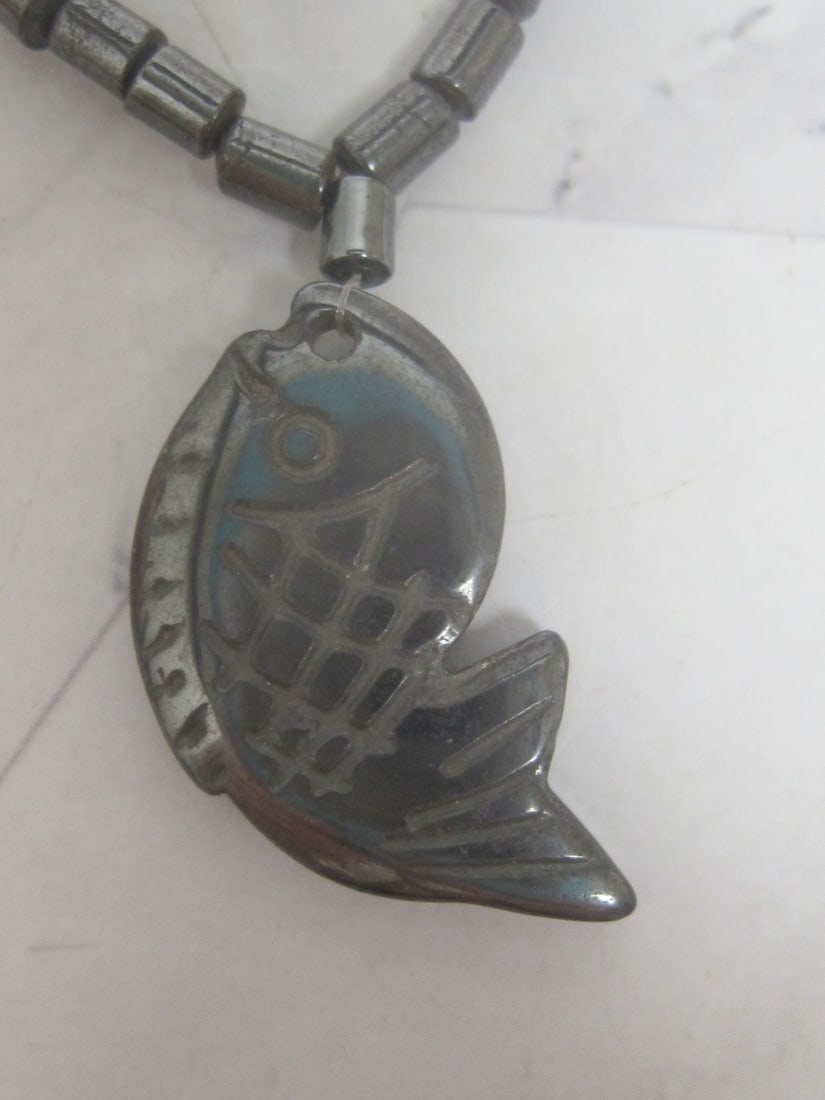16" Hematite Bead Necklace with Hematite Fish Pendant - 2