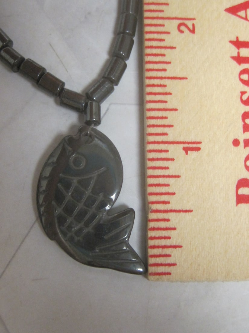 16" Hematite Bead Necklace with Hematite Fish Pendant - 5