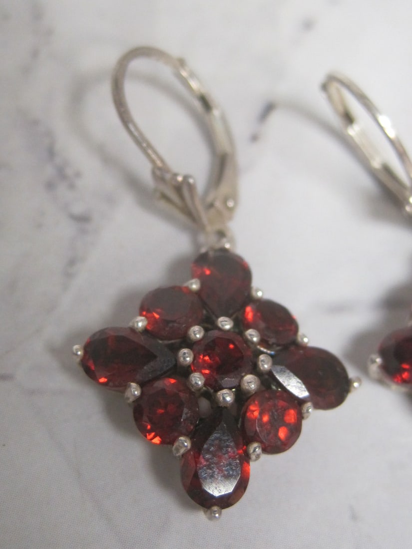 Sterling Silver Garnet Leverback Earrings - 2