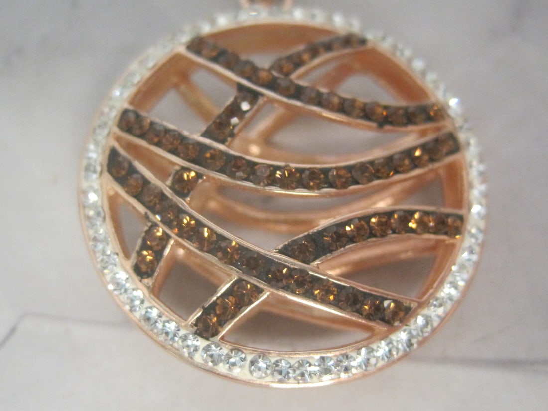 Sterling Silver Rose Gold-plated Round Pendant with Brown & Clear Crystals - 2