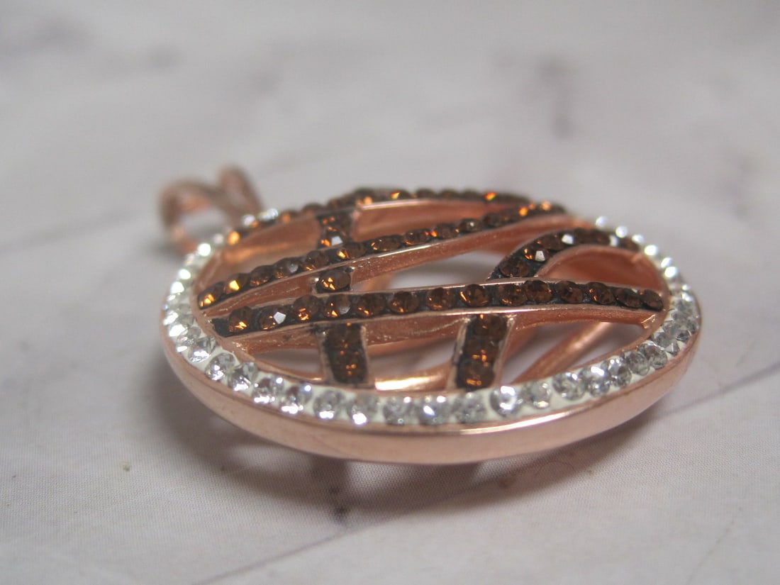 Sterling Silver Rose Gold-plated Round Pendant with Brown & Clear Crystals - 3