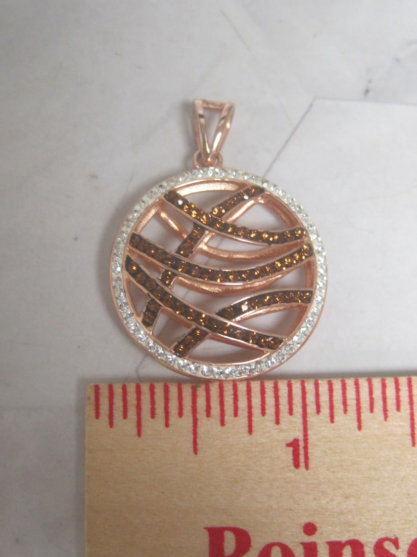 Sterling Silver Rose Gold-plated Round Pendant with Brown & Clear Crystals - 5