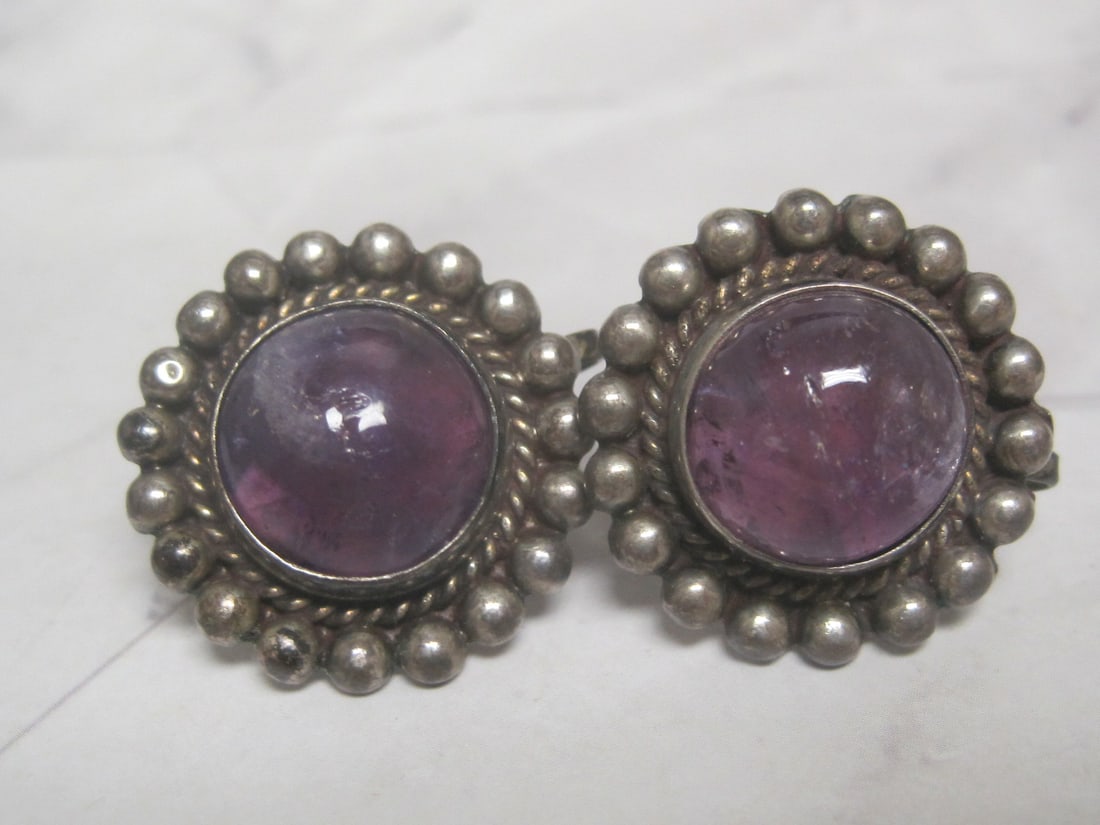 Antique Mexican Silver Screwback Earrings with Purple Stones: Weighs 9.5 grams