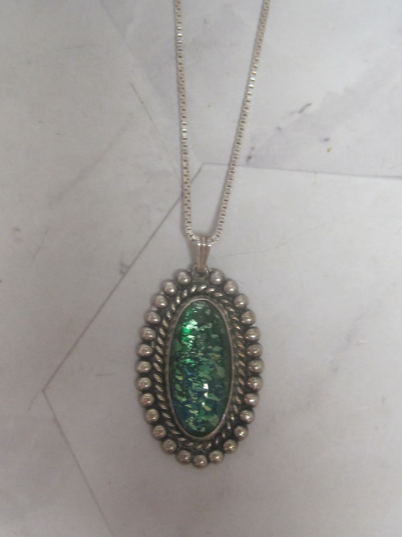 Sterling Silver Green Art Glass Pendant on 16" Sterling Silver Chain: Weighs 10.5 grams