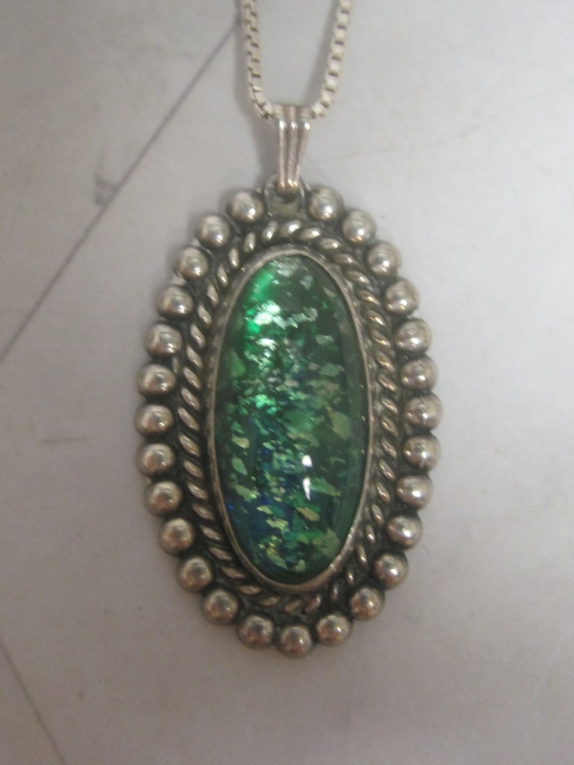 Sterling Silver Green Art Glass Pendant on 16" Sterling Silver Chain - 2