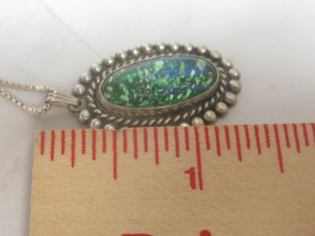 Sterling Silver Green Art Glass Pendant on 16" Sterling Silver Chain - 6
