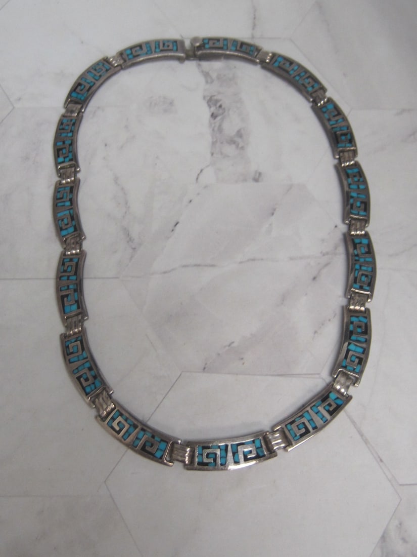 20" Sterling Silver Turquoise Inlaid Link Southwestern Style Necklace: Weighs 62.1 grams