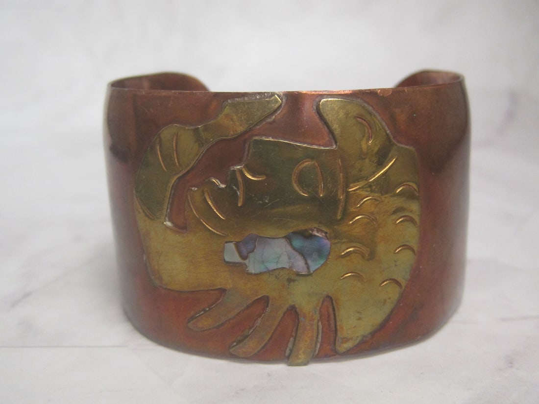 Vintage Southwestern Copper, Brass, & Abalone Cuff Bracelet: .