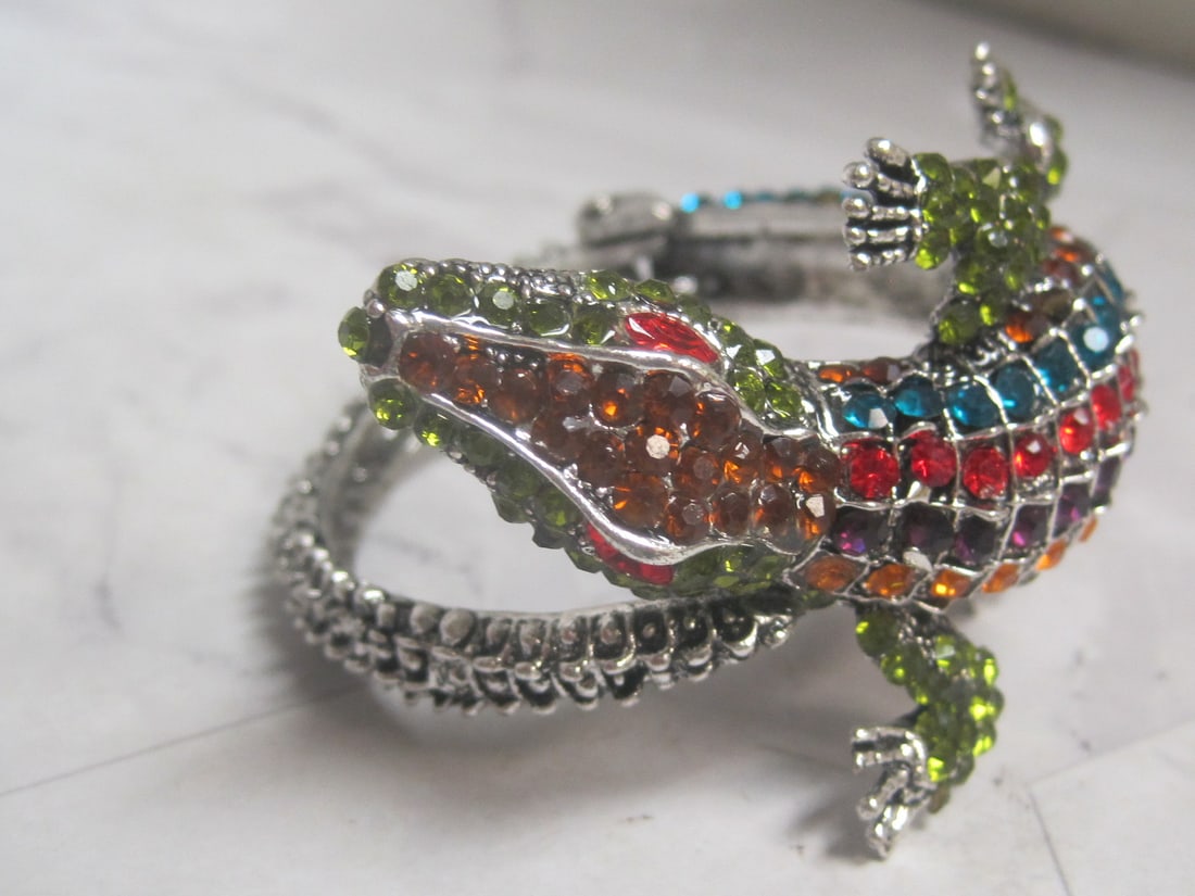 Multi-Rhinestone Alligator Hinged Cuff Bracelet - 2