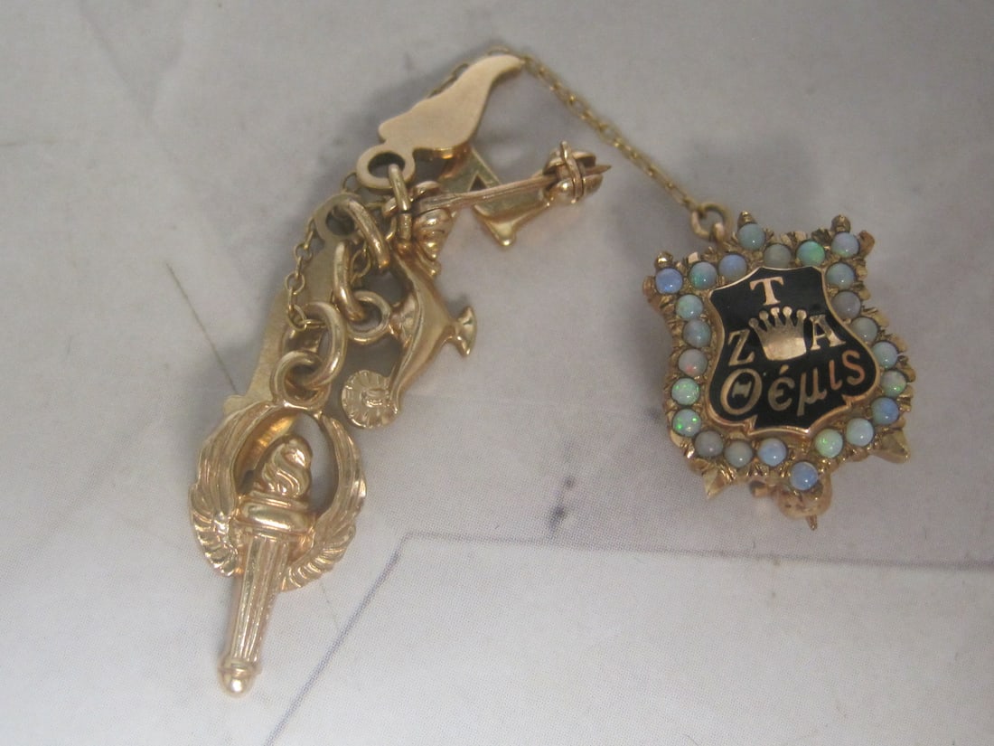 10k Gold Fraternity Lapel Pin with Opal Border & Gold-Filled Charms: Weighs 2.7 grams (pin only)