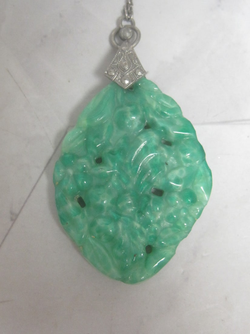 Antique Jade Pendant on Silvertone Chain - 2