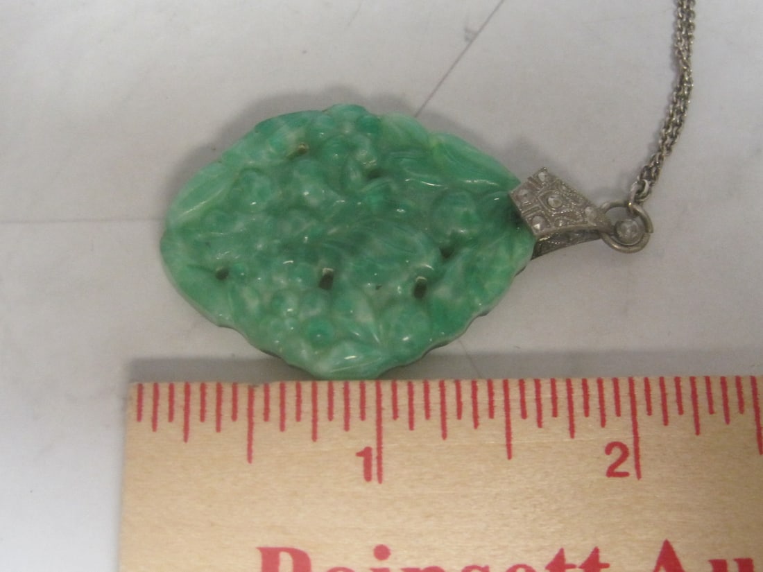 Antique Jade Pendant on Silvertone Chain - 4