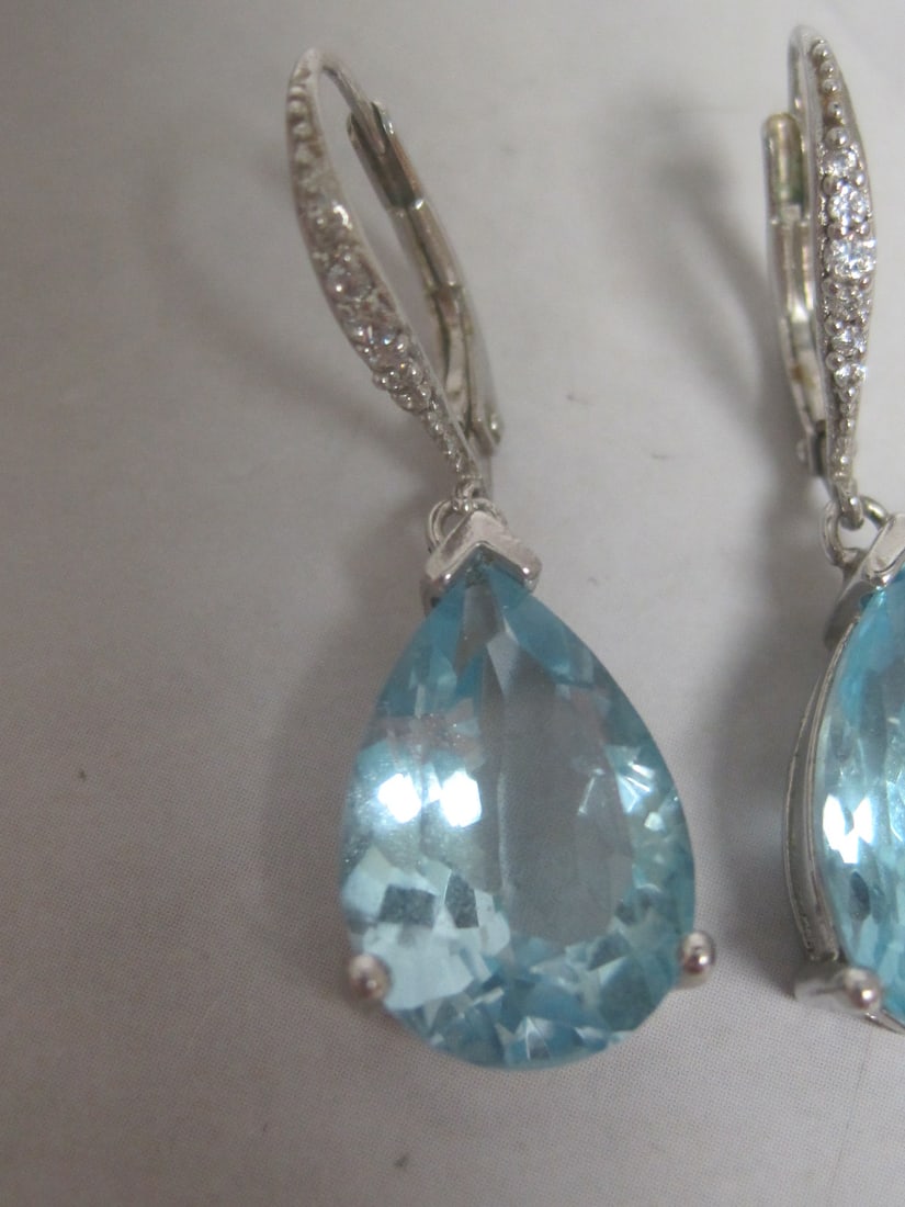 Sterling Silver Blue Topaz & Diamond Leverback Earrings - 2
