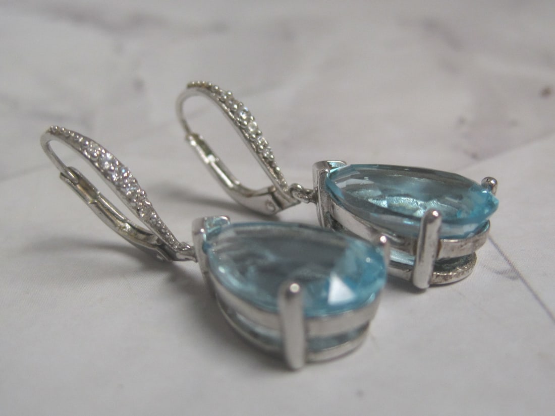 Sterling Silver Blue Topaz & Diamond Leverback Earrings - 3