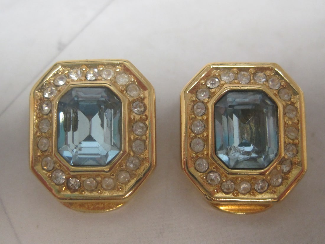 Christian Dior Goldtone Clip Earrings: Blue & clear rhinestones