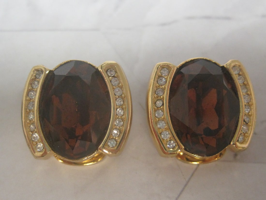 Christian Dior Goldtone Clip Earrings: Brown & clear rhinestones