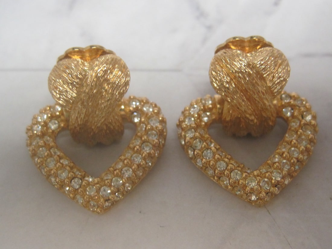 Christian Dior Goldtone Clip Earrings: Hearts with pave crystals & brushed goldtone knot detail