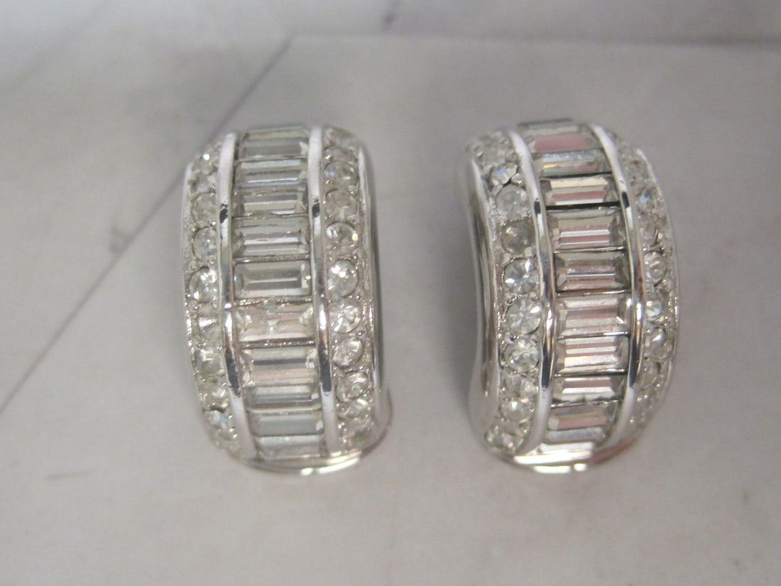 Christian Dior Silvertone Clip Earrings: Baguette & round rhinestones