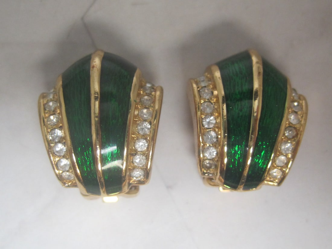 Christian Dior Goldtone Clip Earrings: Green enamel & rhinestones