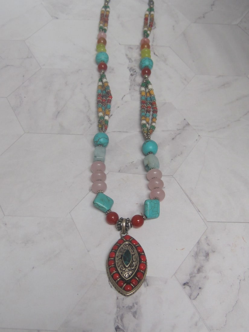 24" Tibetan Coral & Turquoise Pendant on Multi-Stone Necklace: Unmarked