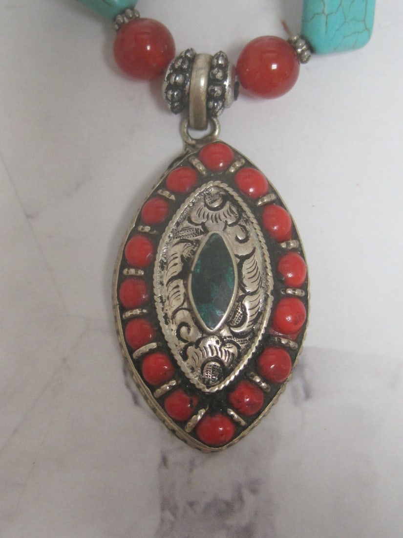 24" Tibetan Coral & Turquoise Pendant on Multi-Stone Necklace - 2