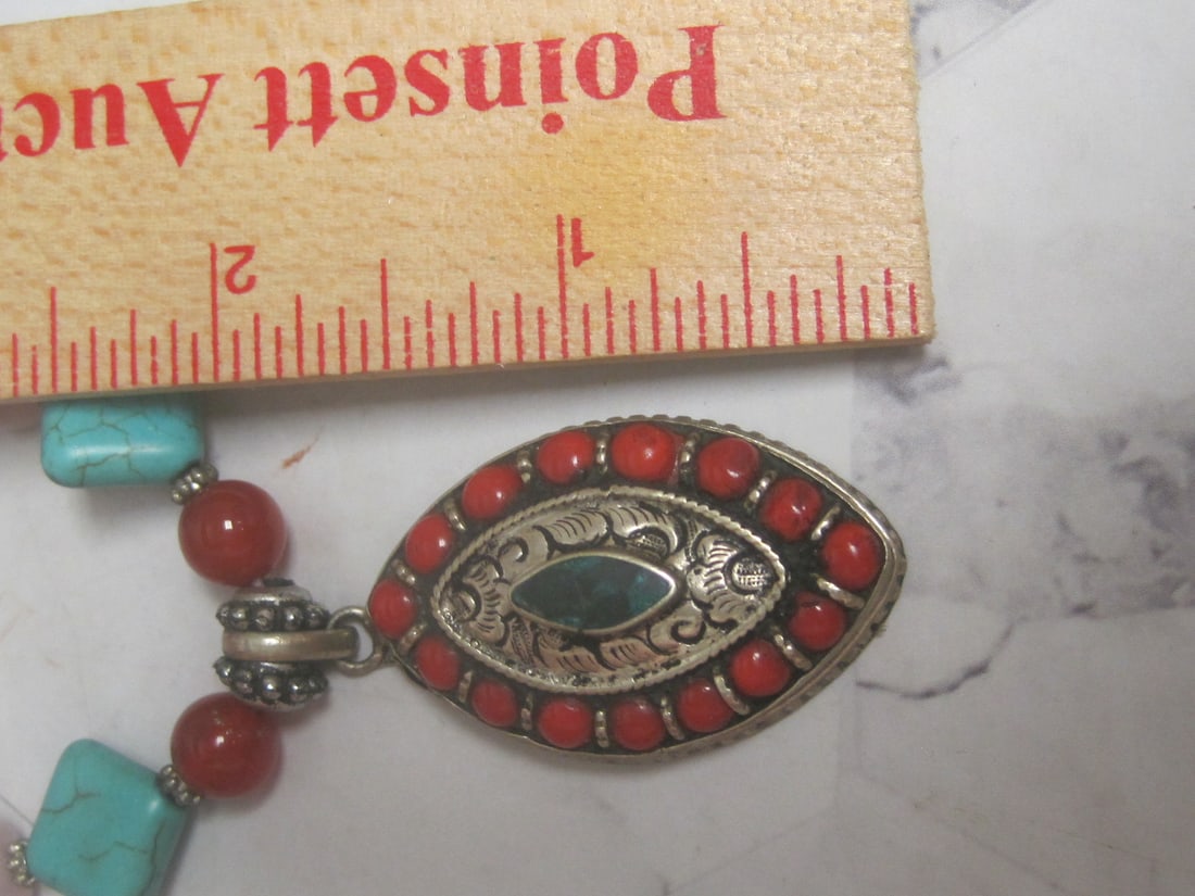 24" Tibetan Coral & Turquoise Pendant on Multi-Stone Necklace - 7