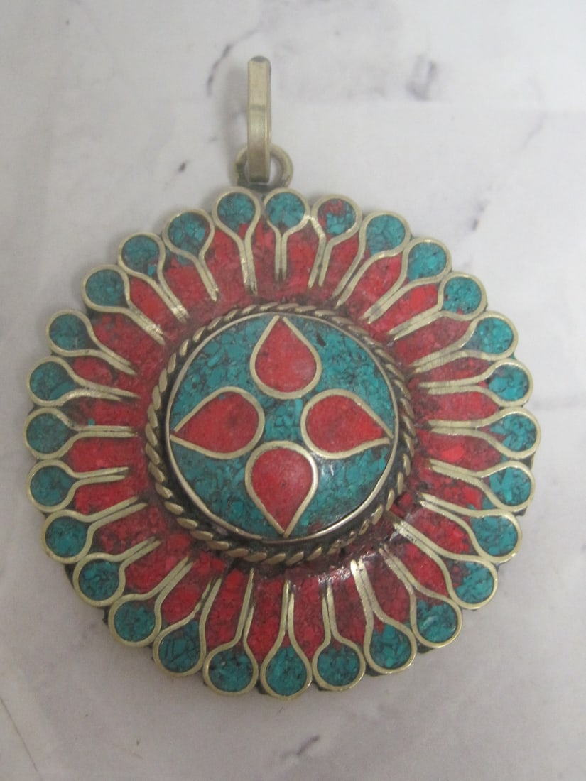 Tibetan Style Pendant with Inlays of Turquoise & Coral: Unmarked